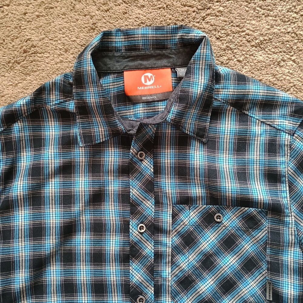 Merrell Button Up Shirt  Mens‎ Medium Blue Long Sleeve Check Plaid Quality Sharp